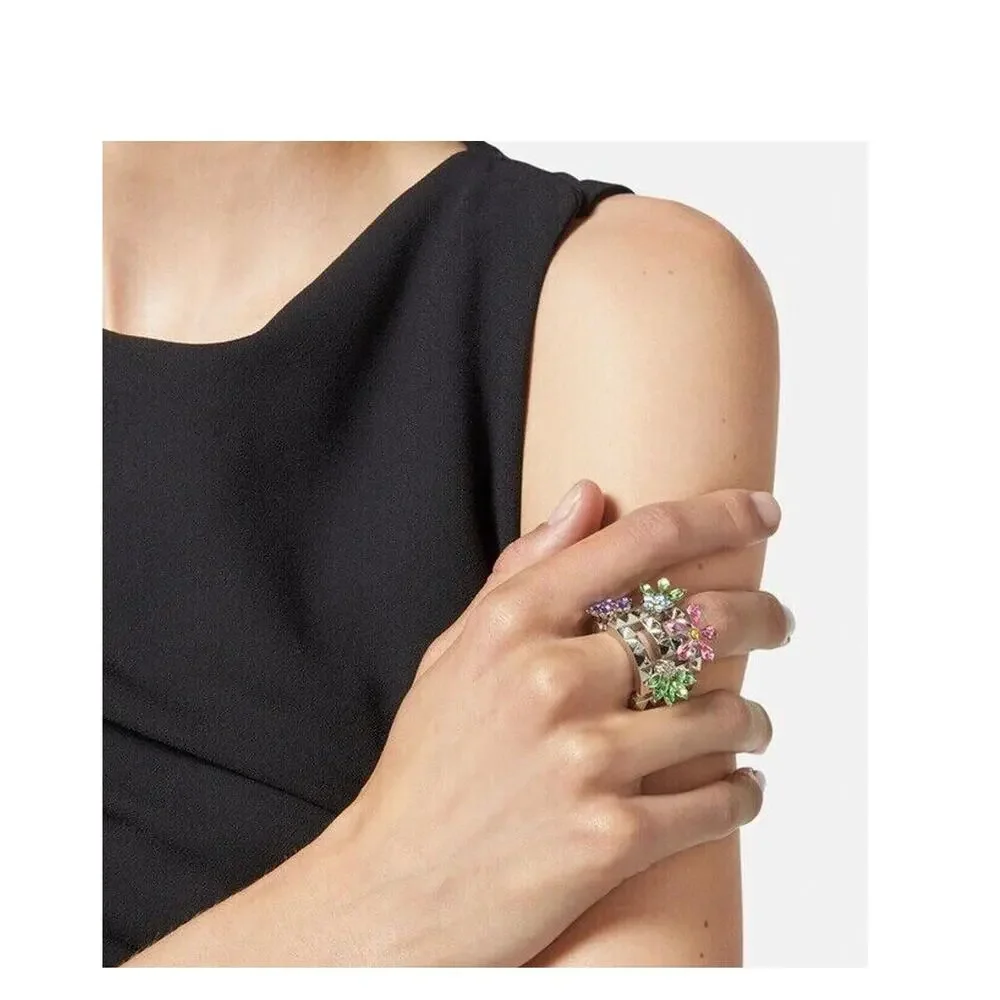 NIB Versace Multicolor Crystal Flower Bloom Ring Silver Tone IT 15 US 7 $675